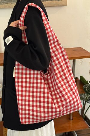 Japanese-Style Retro Red Checkered Canvas Tote Bag for Women, 2025 Commuter Shoulder Bag, Y2K Lazy Style Student Purse