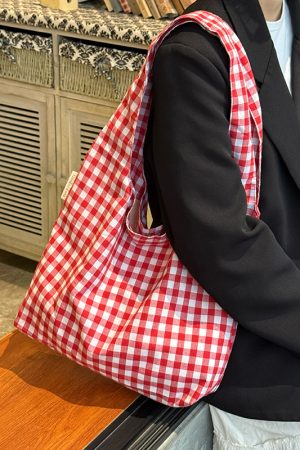 Japanese-Style Retro Red Checkered Canvas Tote Bag for Women, 2025 Commuter Shoulder Bag, Y2K Lazy Style Student Purse