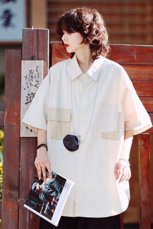 Japanese Style Retro Street Fashion Short Sleeve Shirt for Men & Women with Patch Pockets - Loose Fit Workwear Top