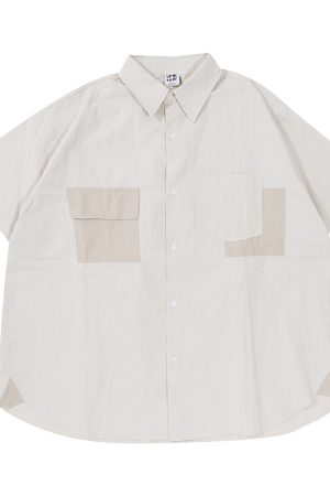 Japanese Style Retro Street Fashion Short Sleeve Shirt for Men & Women with Patch Pockets - Loose Fit Workwear Top