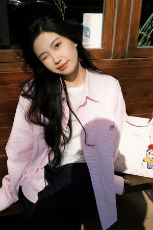 Japanese-Style Retro Striped Long Sleeve Shirt Jacket for Women - Casual College Style Pink Top for Spring