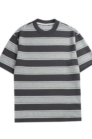 Japanese-Style Retro Striped Round Neck Short Sleeve T-Shirt for Summer, Unisex Loose College Style Half-Sleeve Top