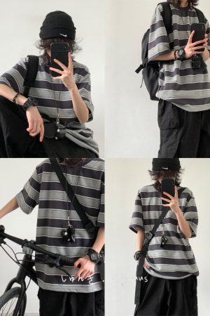 Japanese-Style Retro Striped Round Neck Short Sleeve T-Shirt for Summer, Unisex Loose College Style Half-Sleeve Top