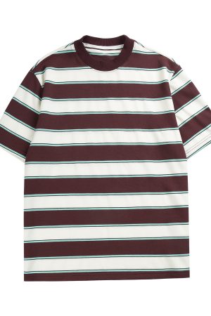 Japanese-Style Retro Striped Round Neck Short Sleeve T-Shirt for Summer, Unisex Loose College Style Half-Sleeve Top