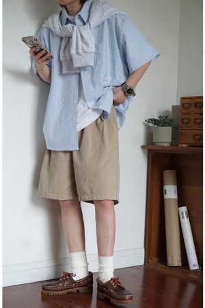 Japanese-Style Retro Striped Short Sleeve Shirt for Men and Women, Summer Loose Casual City Boy Jacket