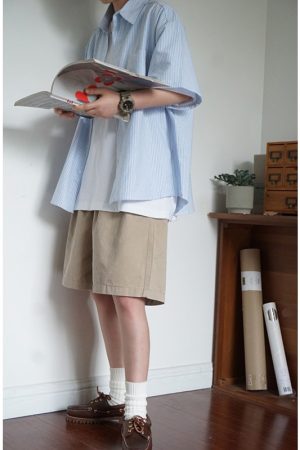 Japanese-Style Retro Striped Short Sleeve Shirt for Men and Women, Summer Loose Casual City Boy Jacket