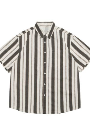 Japanese-Style Retro Vertical Striped Short Sleeve Shirt - Vintage Loose Casual Couple Top for Summer Trend
