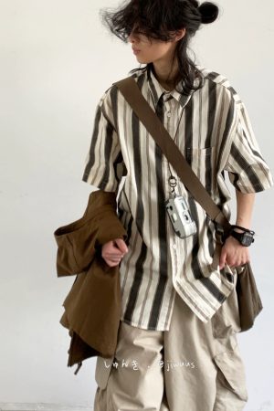 Japanese-Style Retro Vertical Striped Short Sleeve Shirt - Vintage Loose Casual Couple Top for Summer Trend