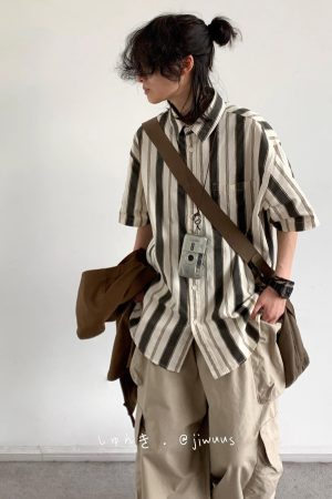 Japanese-Style Retro Vertical Striped Short Sleeve Shirt - Vintage Loose Casual Couple Top for Summer Trend