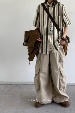 Japanese-Style Retro Vertical Striped Short Sleeve Shirt - Vintage Loose Casual Couple Top for Summer Trend