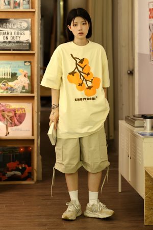 Japanese-Style Short-Sleeve T-Shirt for Men and Women - Casual Heavyweight Couple Top, Trendy Kaki Kaki Ruyi Design