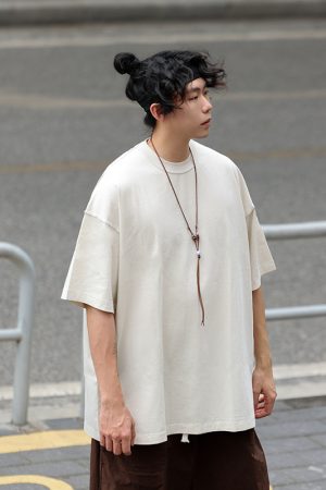 Japanese-Style Small Collar Short-Sleeve T-Shirt for Men - Casual Retro Tee with Hole Design, Loose Fit for Y2K and 90s Vibes