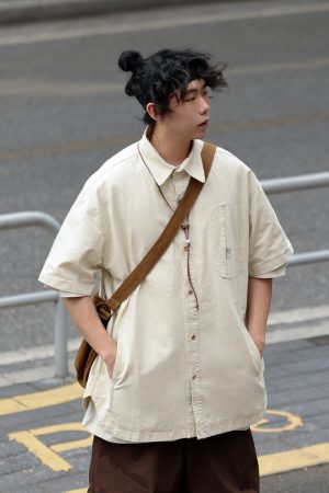 Japanese-Style Spliced Pocket Short Sleeve Shirt for Men - Casual Versatile Summer T-Shirt in Trendy Streetwear Style