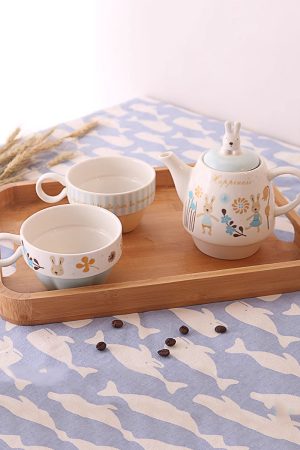 Japanese-Style Sugar Rabbit Ceramic Teapot Set with 2 Teacups and Filter - Cute Afternoon Tea Set for Two, Kids and Parents Tea Service