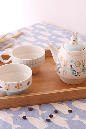 Japanese-Style Sugar Rabbit Ceramic Teapot Set with 2 Teacups and Filter - Cute Afternoon Tea Set for Two, Kids and Parents Tea Service