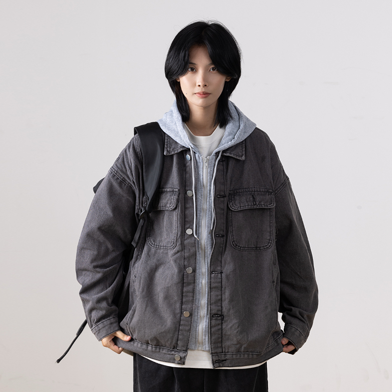Japanese-Style Women's Hooded Denim Jacket - Loose Casual Spring Autumn Outerwear for Couples, Unisex Fashionable Layering Piece Japanese-Style Women's Hooded Denim Jacket - Loose Casual Spring Autumn Outerwear for Couples, Unisex Fashionable Layering Piece