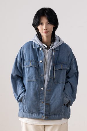 Japanese-Style Women's Hooded Denim Jacket - Loose Casual Spring Autumn Outerwear for Couples, Unisex Fashionable Layering Piece