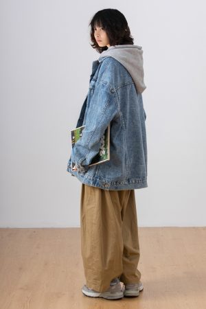 Japanese-Style Women's Hooded Denim Jacket - Loose Casual Spring Autumn Outerwear for Couples, Unisex Fashionable Layering Piece