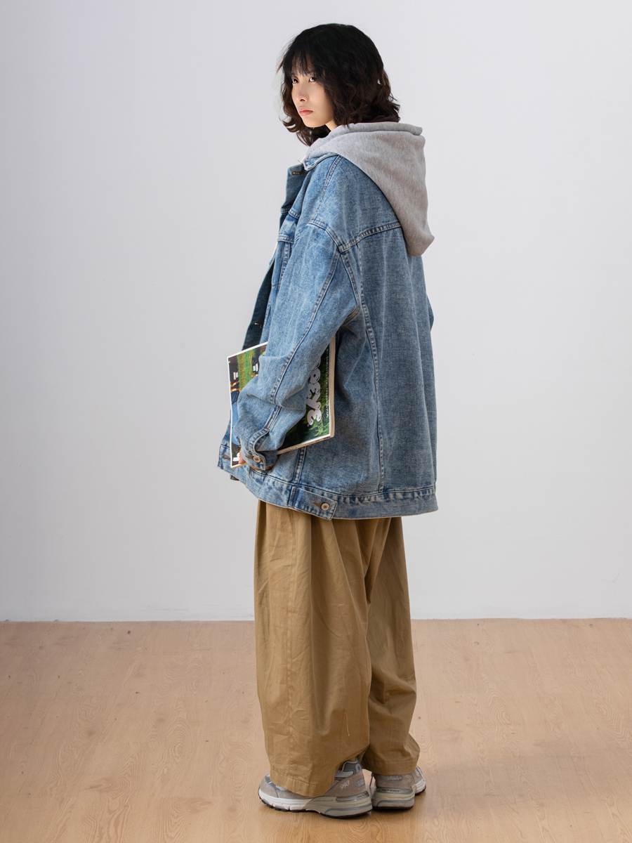 Japanese-Style Women's Hooded Denim Jacket - Loose Casual Spring Autumn Outerwear for Couples, Unisex Fashionable Layering Piece Japanese-Style Women's Hooded Denim Jacket - Loose Casual Spring Autumn Outerwear for Couples, Unisex Fashionable Layering Piece