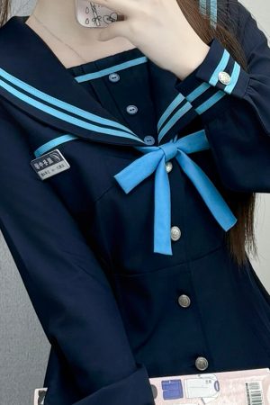 JK Long Sleeve Navy Collar Top & Dark Blue Long Skirt Set - School Supply Style, College Aesthetic, Y2K Fashion