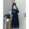 JK Long Sleeve Navy Collar Top & Dark Blue Long Skirt Set - School Supply Style, College Aesthetic, Y2K Fashion