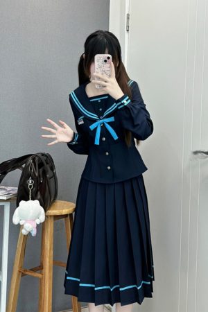 JK Long Sleeve Navy Collar Top & Dark Blue Long Skirt Set - School Supply Style, College Aesthetic, Y2K Fashion