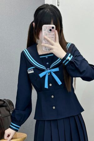 JK Long Sleeve Navy Collar Top & Dark Blue Long Skirt Set - School Supply Style, College Aesthetic, Y2K Fashion