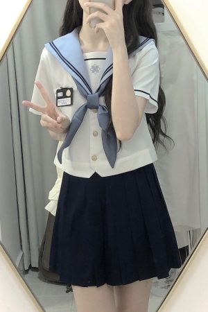 JK Uniform Sailor Suit Set with Short Sleeve Top and Pleated Skirt - Summer Fashion Inspired by Y2K and Korean Style