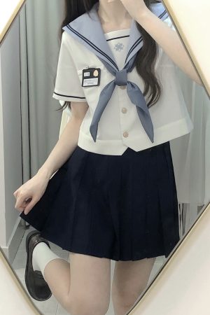 JK Uniform Sailor Suit Set with Short Sleeve Top and Pleated Skirt - Summer Fashion Inspired by Y2K and Korean Style
