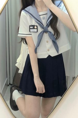 JK Uniform Sailor Suit Set with Short Sleeve Top and Pleated Skirt - Summer Fashion Inspired by Y2K and Korean Style