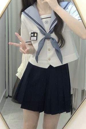 JK Uniform Sailor Suit Set with Short Sleeve Top and Pleated Skirt - Summer Fashion Inspired by Y2K and Korean Style