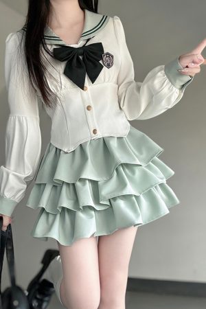 JK Uniform Set for Women - College Style Long & Short Sleeve Shirt with Waist-Cinching Design & Cake Skirt, Sailor Suit Inspired
