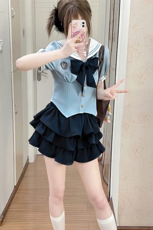 JK Uniform Set for Women - College Style Long & Short Sleeve Shirt with Waist-Cinching Design & Cake Skirt, Sailor Suit Inspired