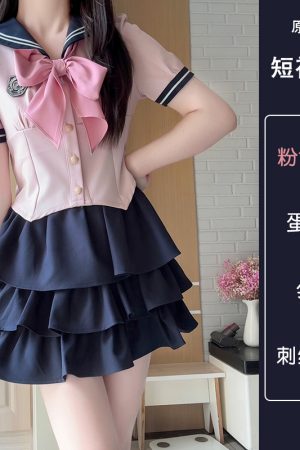 JK Uniform Set for Women - College Style Long & Short Sleeve Shirt with Waist-Cinching Design & Cake Skirt, Sailor Suit Inspired