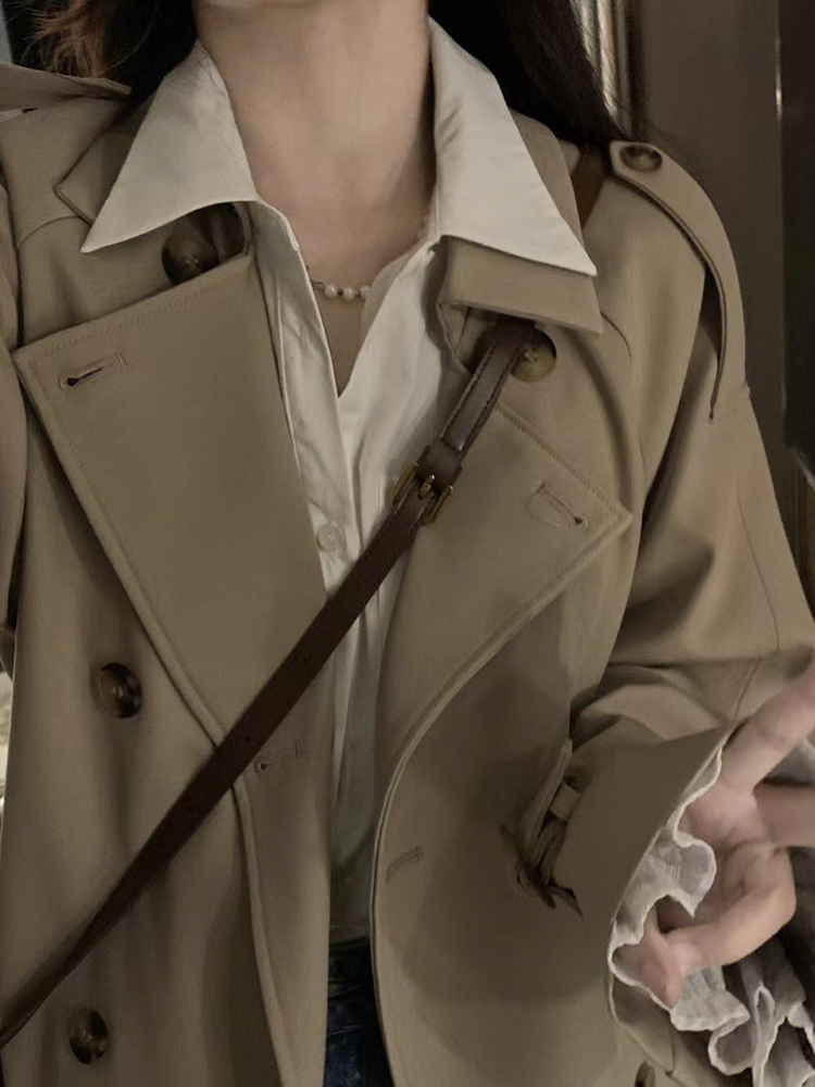 Khaki Mid-Length Trench Coat for Women - 2024 Spring Autumn Korean Style, British Design, Perfect for Petite Figures Khaki Mid-Length Trench Coat for Women - 2024 Spring Autumn Korean Style, British Design, Perfect for Petite Figures