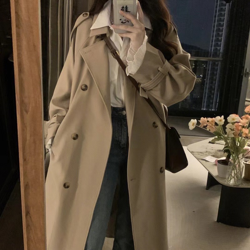 Khaki Mid-Length Trench Coat for Women - 2024 Spring Autumn Korean Style, British Design, Perfect for Petite Figures Khaki Mid-Length Trench Coat for Women - 2024 Spring Autumn Korean Style, British Design, Perfect for Petite Figures