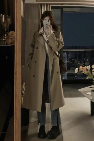 Khaki Mid-Length Trench Coat for Women - 2024 Spring Autumn Korean Style, British Design, Perfect for Petite Figures