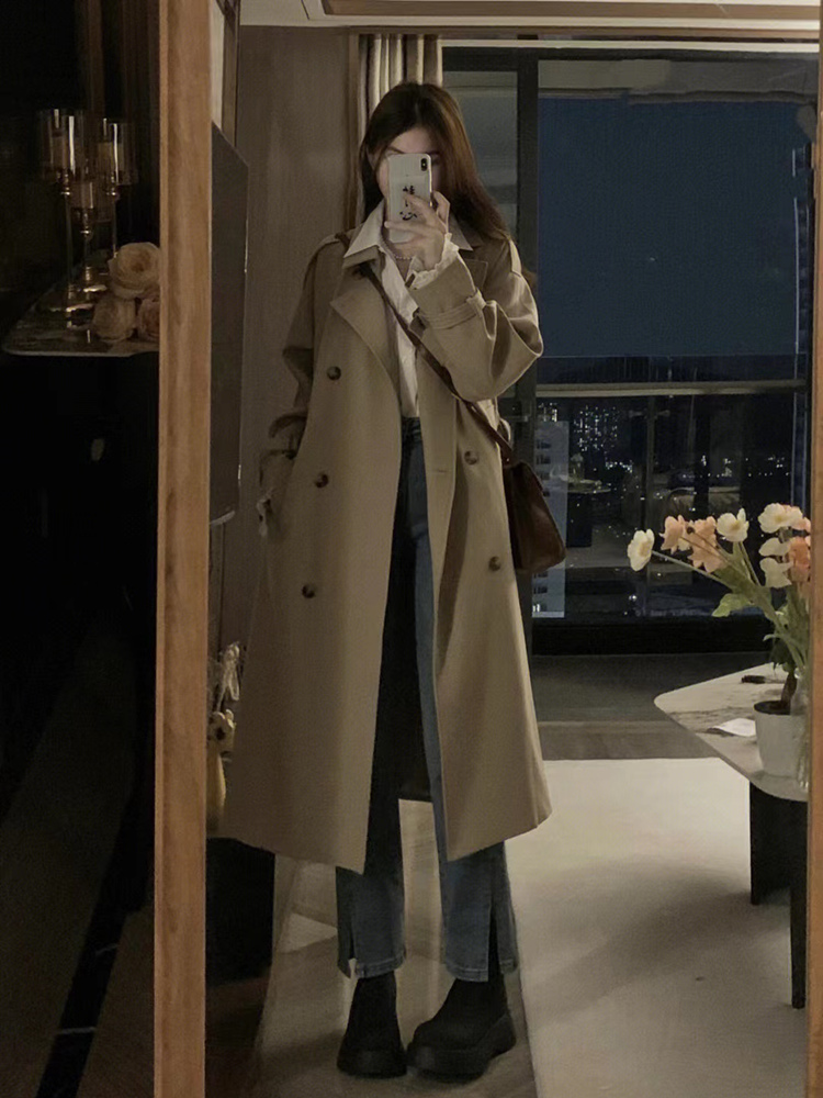 Khaki Mid-Length Trench Coat for Women - 2024 Spring Autumn Korean Style, British Design, Perfect for Petite Figures Khaki Mid-Length Trench Coat for Women - 2024 Spring Autumn Korean Style, British Design, Perfect for Petite Figures