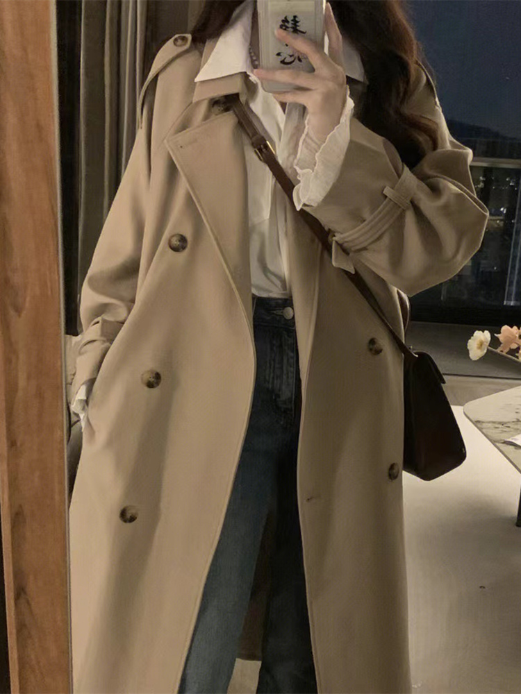 Khaki Mid-Length Trench Coat for Women - 2024 Spring Autumn Korean Style, British Design, Perfect for Petite Figures Khaki Mid-Length Trench Coat for Women - 2024 Spring Autumn Korean Style, British Design, Perfect for Petite Figures