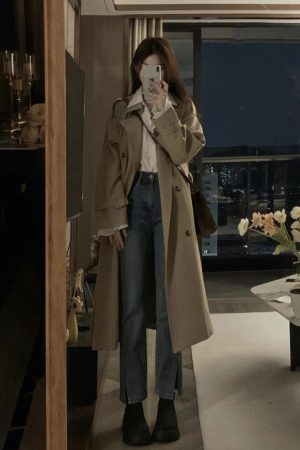 Khaki Mid-Length Trench Coat for Women - 2024 Spring Autumn Korean Style, British Design, Perfect for Petite Figures