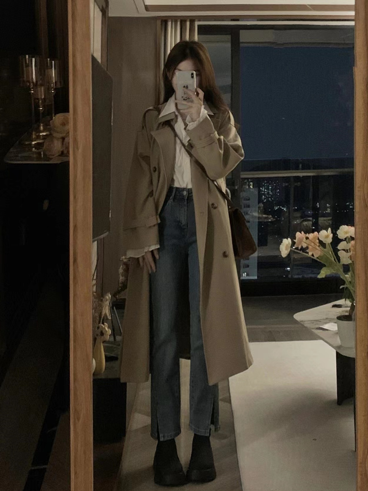 Khaki Mid-Length Trench Coat for Women - 2024 Spring Autumn Korean Style, British Design, Perfect for Petite Figures Khaki Mid-Length Trench Coat for Women - 2024 Spring Autumn Korean Style, British Design, Perfect for Petite Figures