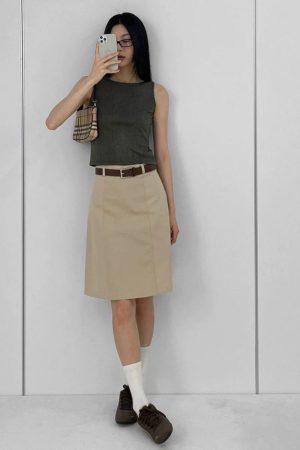 Khaki Midi Skirt for Women - Versatile Summer Bodycon Work Skirt, Professional Mid-Length Commuting Style, Chic Office Essential