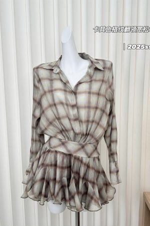 Khaki Plaid Collar Loose Ruffled Short Dress with Pleated Skirt - Trendy Niche Style for Summer 90s Fashion