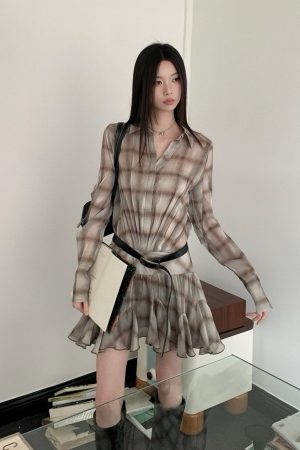 Khaki Plaid Collar Loose Ruffled Short Dress with Pleated Skirt - Trendy Niche Style for Summer 90s Fashion