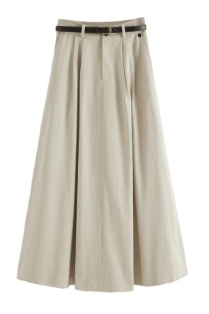 Khaki Washed Cotton High-Waisted A-Line Skirt for Pear-Shaped Body, Mid-Length Umbrella Skirt, Spring 2025 Fashion for Women