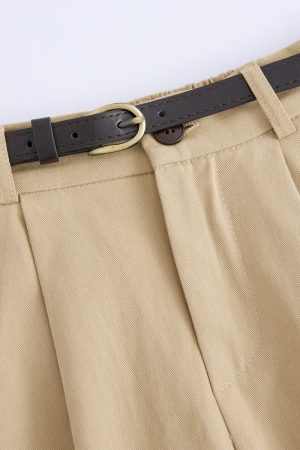 Khaki Washed Cotton High-Waisted A-Line Skirt for Pear-Shaped Body, Mid-Length Umbrella Skirt, Spring 2025 Fashion for Women