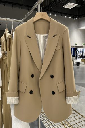 Khaki Women's Blazer Jacket - High-End British College Style for Spring and Autumn 2025, Trendy Small Suit Jacket