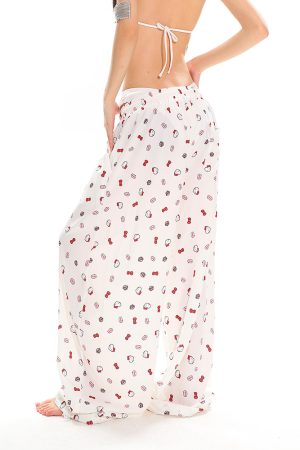 Kitty Cat Print Casual Pants for Women - Floor-Length Loose Straight Wide-Leg Trousers in American Style