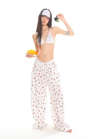 Kitty Cat Print Casual Pants for Women - Floor-Length Loose Straight Wide-Leg Trousers in American Style