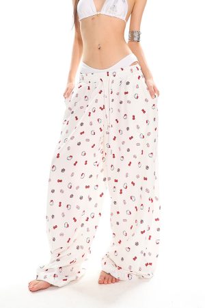 Kitty Cat Print Casual Pants for Women - Floor-Length Loose Straight Wide-Leg Trousers in American Style